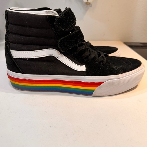 Vans Sk8-Hi Rainbow‎ Stripe Skate Shoes Men's 7.5 Black Suede High Top